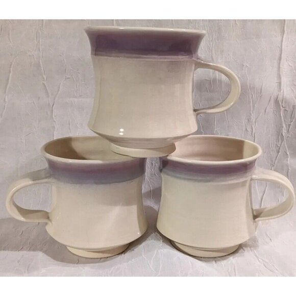 3 Art Pottery Mugs Signed Coffee Cup Handmade Studio Tea Purple White Stripe Set - Picture 14 of 16